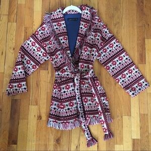 Zara aztec belted jacquard fringe sweater jacket cardi